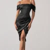 Deserving | Black Satin Bardot Sleeve Corset Wrap Midi Dress