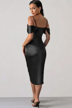 Deserving | Black Satin Bardot Sleeve Corset Wrap Midi Dress
