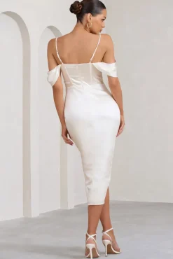 Deserving | Cream Satin Bardot Sleeve Corset Wrap Midi Dress