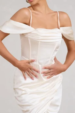 Deserving | Cream Satin Bardot Sleeve Corset Wrap Midi Dress