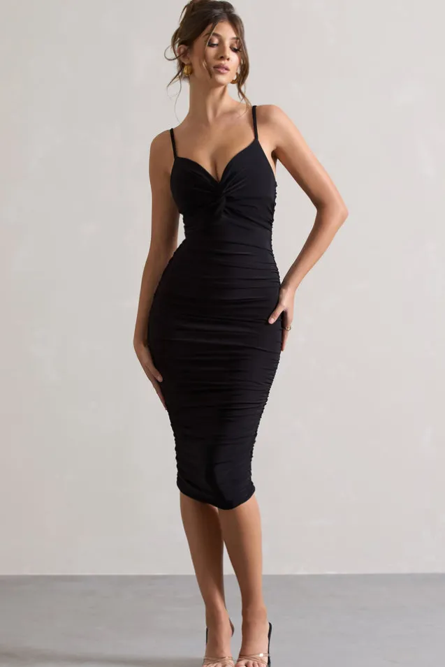 Desired | Black Knot Detail Ruched Midi Dress