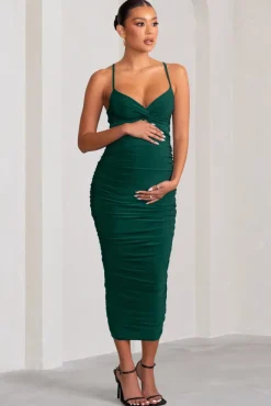 Desired | Bottle Green Maternity Cami Midi Dress with Twist Plunge