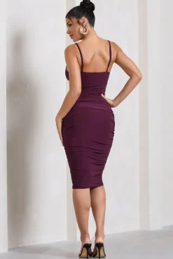 Desired | Plum Ruched Strappy Midi Dress