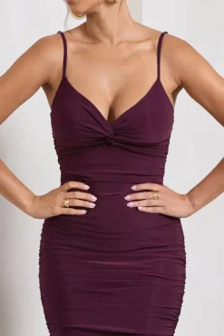 Desired | Plum Ruched Strappy Midi Dress