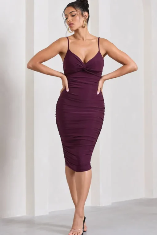 Desired | Plum Ruched Strappy Midi Dress