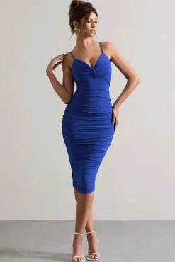 Desired | Royal Blue Knot Detail Ruched Midi Dress
