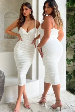 Desired | White Knot Detail Ruched Midi Dress