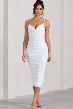Desired | White Knot Detail Ruched Midi Dress