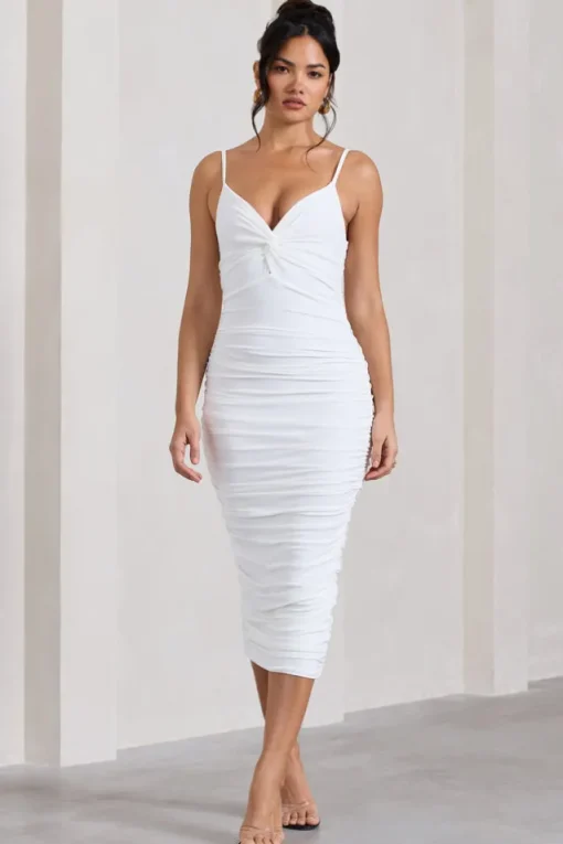 Desired | White Knot Detail Ruched Midi Dress