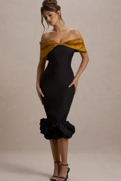 Despina | Black Bardot Midi Dress With Ruffle Hem