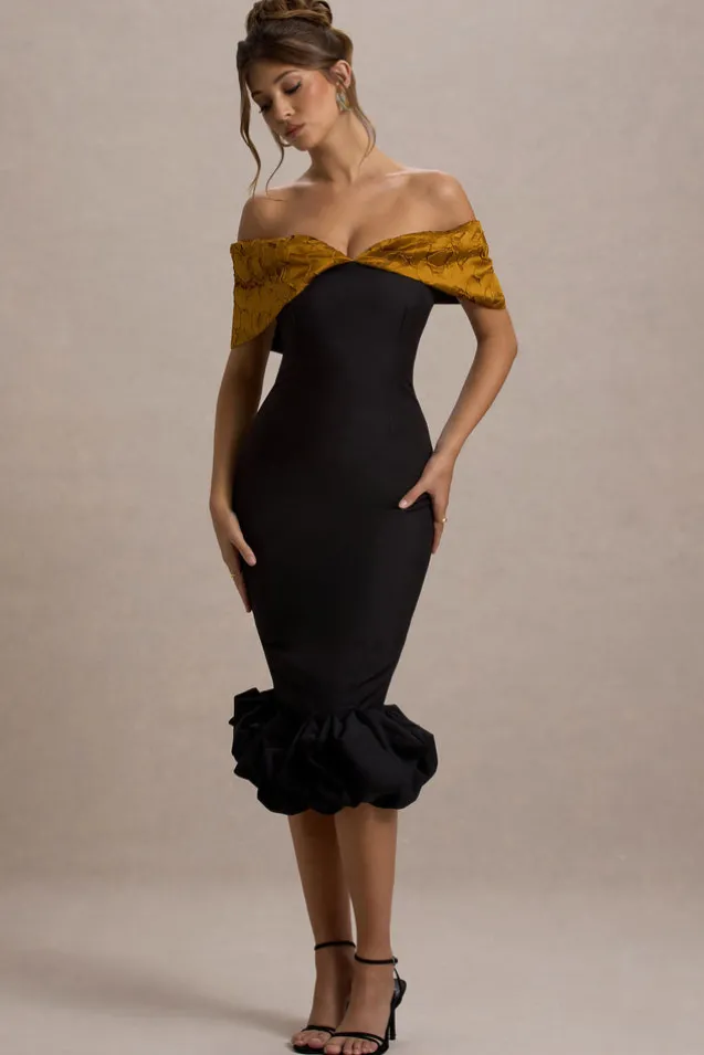 Despina | Black Bardot Midi Dress With Ruffle Hem