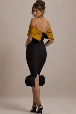 Despina | Black Bardot Midi Dress With Ruffle Hem