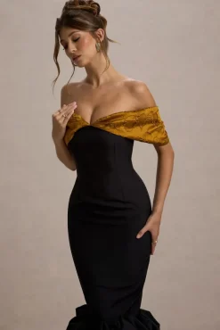 Despina | Black Bardot Midi Dress With Ruffle Hem