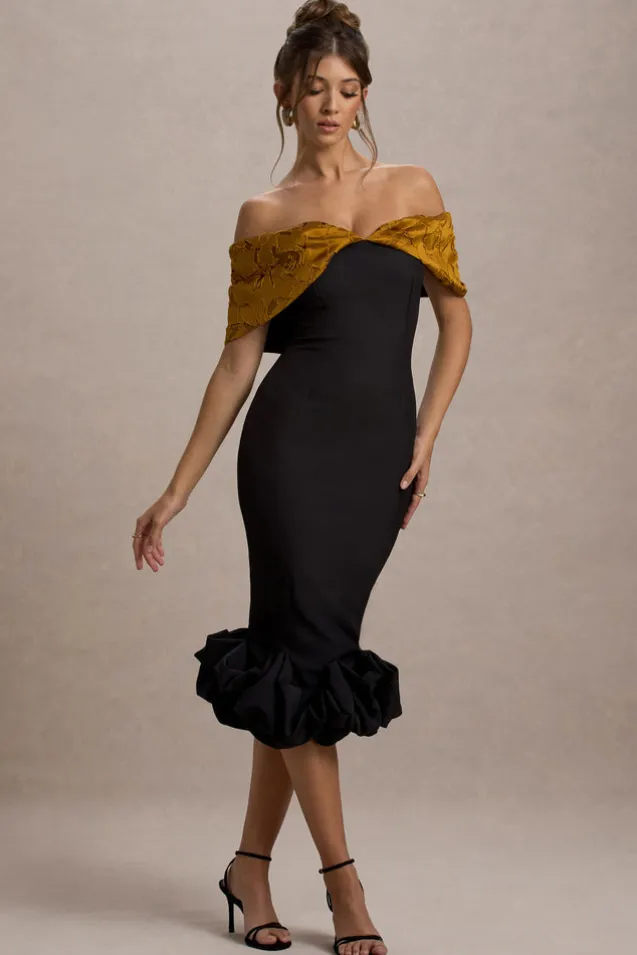 Despina | Black Bardot Midi Dress With Ruffle Hem