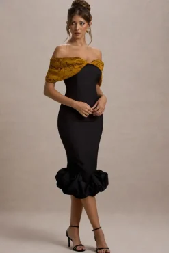 Despina | Black Bardot Midi Dress With Ruffle Hem