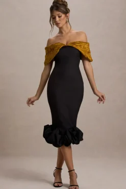 Despina | Black Bardot Midi Dress With Ruffle Hem