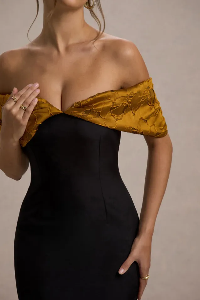 Despina | Black Bardot Midi Dress With Ruffle Hem