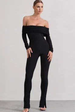 Destined | Black Bardot Slim-Leg Jumpsuit