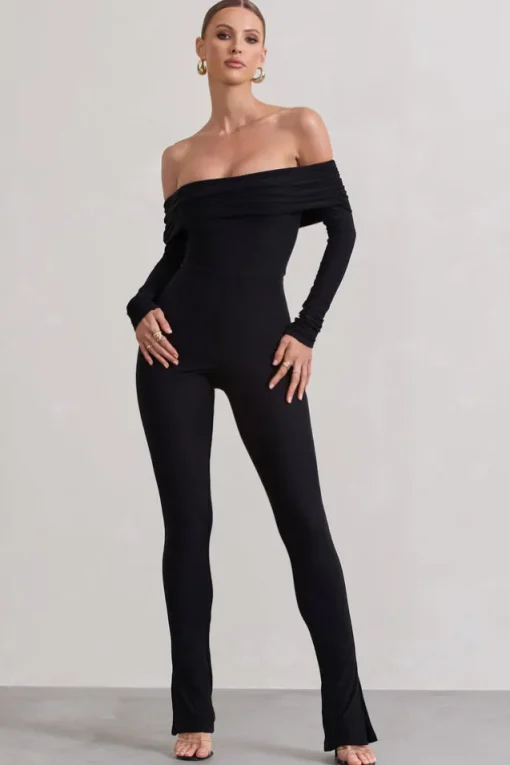 Destined | Black Bardot Slim-Leg Jumpsuit