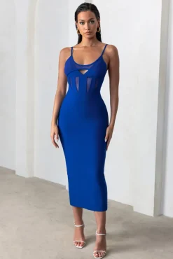 Destiny Calling | Electric Blue Bandage Mesh Cut Out Midi Dress with Bra Detail