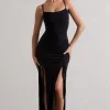 Devon | Black Ruched Strappy Maxi Dress With Splits