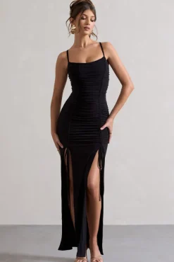 Devon | Black Ruched Strappy Maxi Dress With Splits