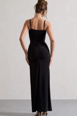 Devon | Black Ruched Strappy Maxi Dress With Splits
