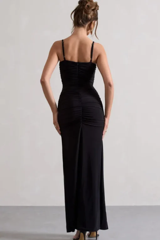 Devon | Black Ruched Strappy Maxi Dress With Splits
