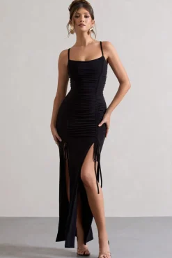 Devon | Black Ruched Strappy Maxi Dress With Splits
