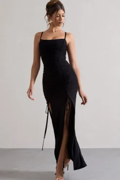 Devon | Black Ruched Strappy Maxi Dress With Splits
