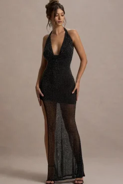 Diaz | Black Embellished Cowl-Neck Split Maxi Dress