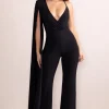Dionne | Black Plunge Front One Shoulder Jumpsuit With Cape Sleeve