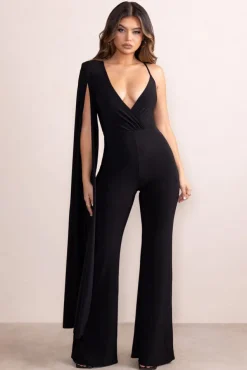 Dionne | Black Plunge Front One Shoulder Jumpsuit With Cape Sleeve