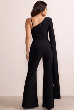 Dionne | Black Plunge Front One Shoulder Jumpsuit With Cape Sleeve