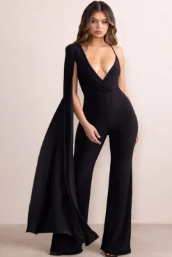 Dionne | Black Plunge Front One Shoulder Jumpsuit With Cape Sleeve