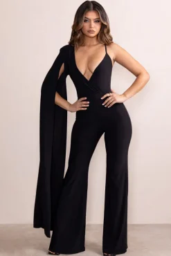 Dionne | Black Plunge Front One Shoulder Jumpsuit With Cape Sleeve