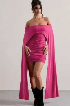 Disco | Dark Pink Bardot Cape Sleeve Mini Dress