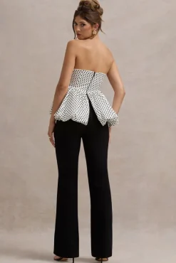 Divina | White u0026 Black Polka Dot Strapless Ruffled Jumpsuit