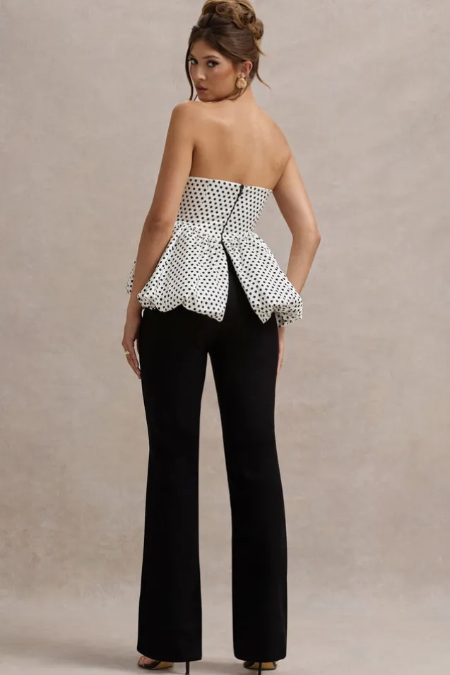 Divina | White u0026 Black Polka Dot Strapless Ruffled Jumpsuit