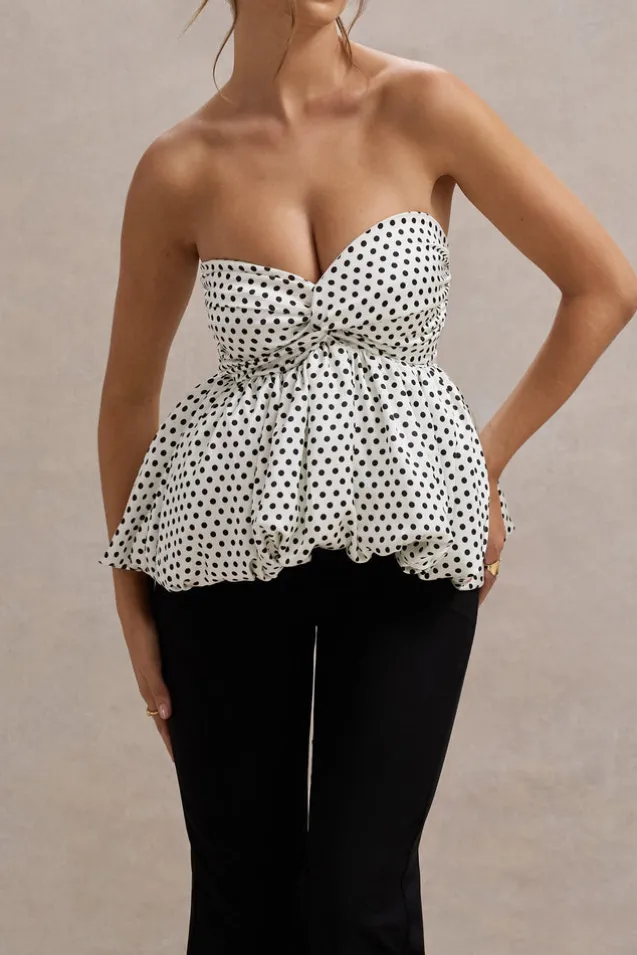 Divina | White u0026 Black Polka Dot Strapless Ruffled Jumpsuit