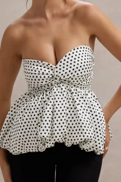 Divina | White u0026 Black Polka Dot Strapless Ruffled Jumpsuit