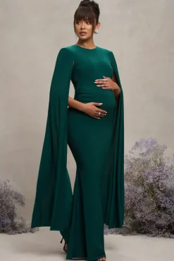 Divine Timing | Bottle Green Maternity Maxi Dress With Cape Sleeves