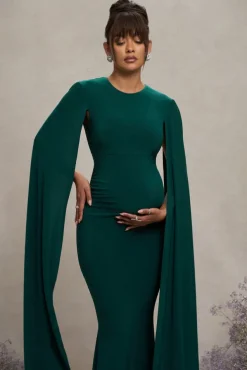 Divine Timing | Bottle Green Maternity Maxi Dress With Cape Sleeves