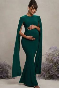 Divine Timing | Bottle Green Maternity Maxi Dress With Cape Sleeves