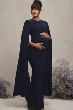 Divine Timing | Navy Maternity Maxi Dress With Cape Sleeves