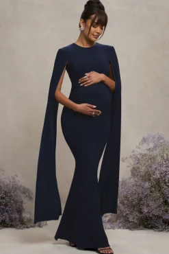 Divine Timing | Navy Maternity Maxi Dress With Cape Sleeves