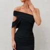 Doha | Black Asymmetric Neck Off The Shoulder Ruched Mini Dress