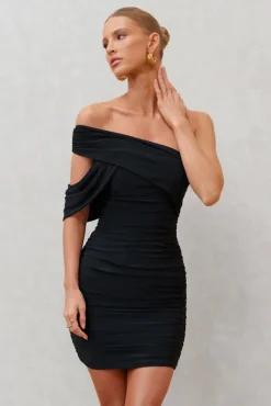 Doha | Black Asymmetric Neck Off The Shoulder Ruched Mini Dress