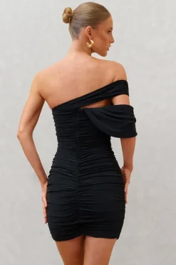 Doha | Black Asymmetric Neck Off The Shoulder Ruched Mini Dress