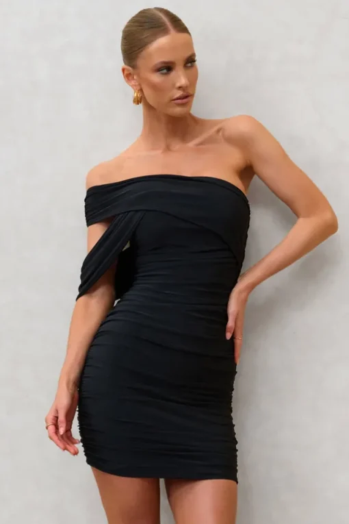 Doha | Black Asymmetric Neck Off The Shoulder Ruched Mini Dress